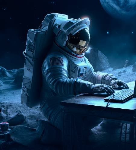 Astronaut typing on laptop in space